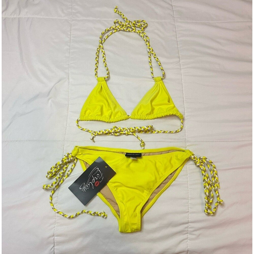 NWT FORPLAY Womens S/M Neon Yellow Bikini 2pc Set Swimsuit Deadstock Y2K 00s 90s
